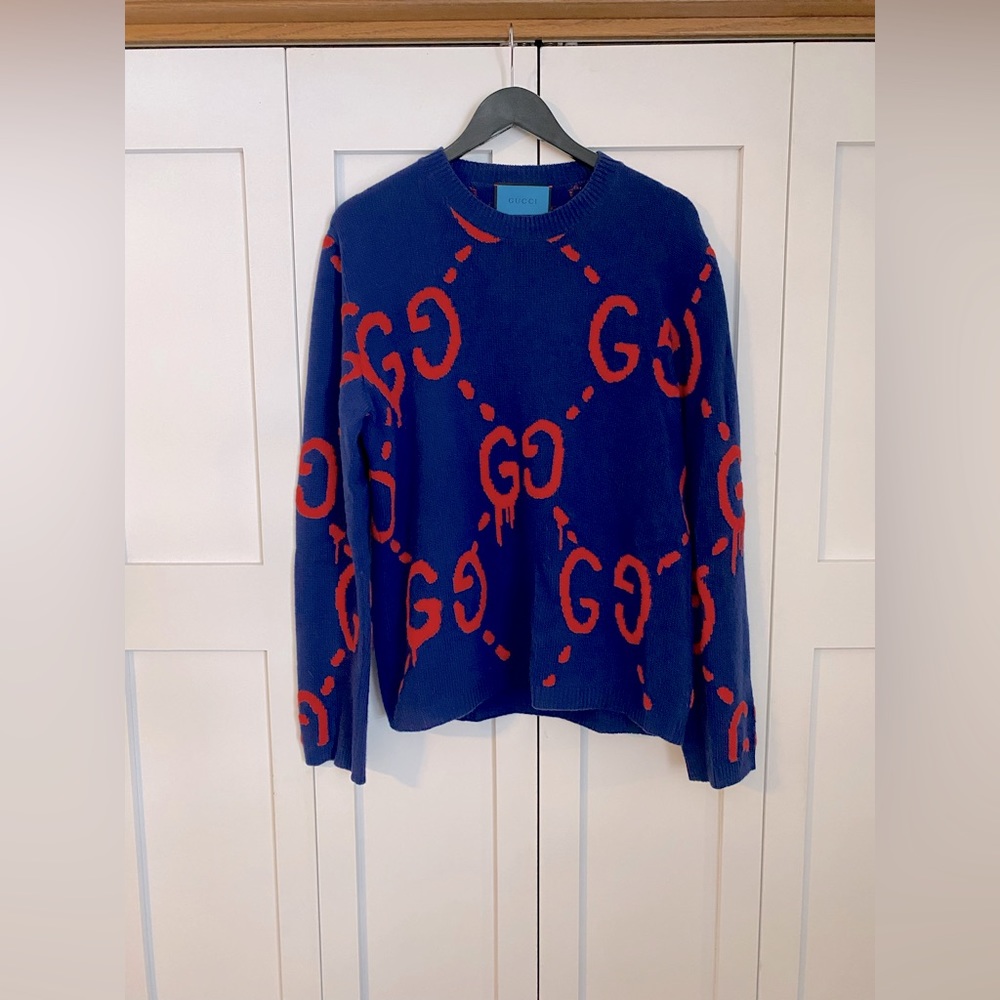 Gucci Ghost GG Drip Navy Wool Knit Sweater